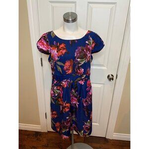 Moulinette Soeurs Anthropologie Blue Pink Floral Rose Fit & Flare Dress, Size 12
